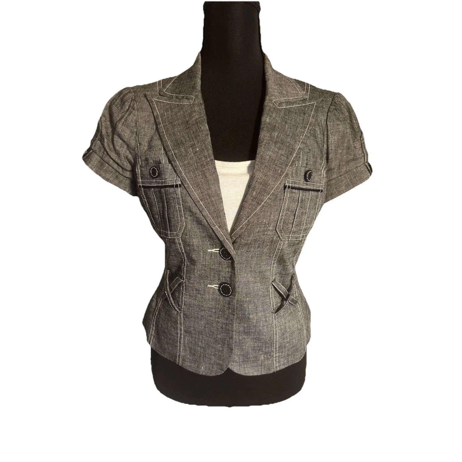 Vintage YTK Bebe Gray Baddie Short Sleeve Linen Blend Belted Woman’s Blazer Sz 6 - Image 8