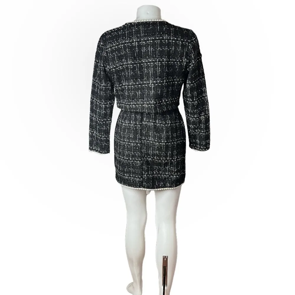SHEIN Privé Plaid Pattern Suit Cropped Jacket Mini Skirt Pearl Edged Size Small - Image 2
