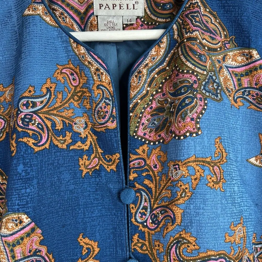 Adrianna Papell Size 14 Jacket Topper 100% Silk Button Front Teal Blue Paisley - Image 5