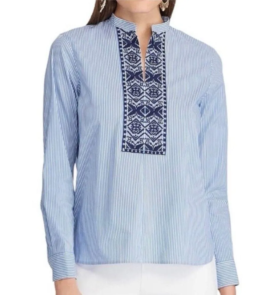 CHAPS Chan Embroidered Blue White Embroidered Stripe Tunic Blouse Dressy Top XL - Image 4