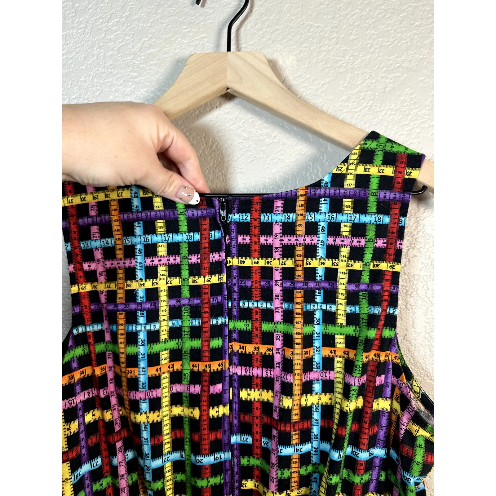 Retrolicious Measuring Tape Print Rainbow Teacher Fit and Flare Dress 1X Black - Image 6