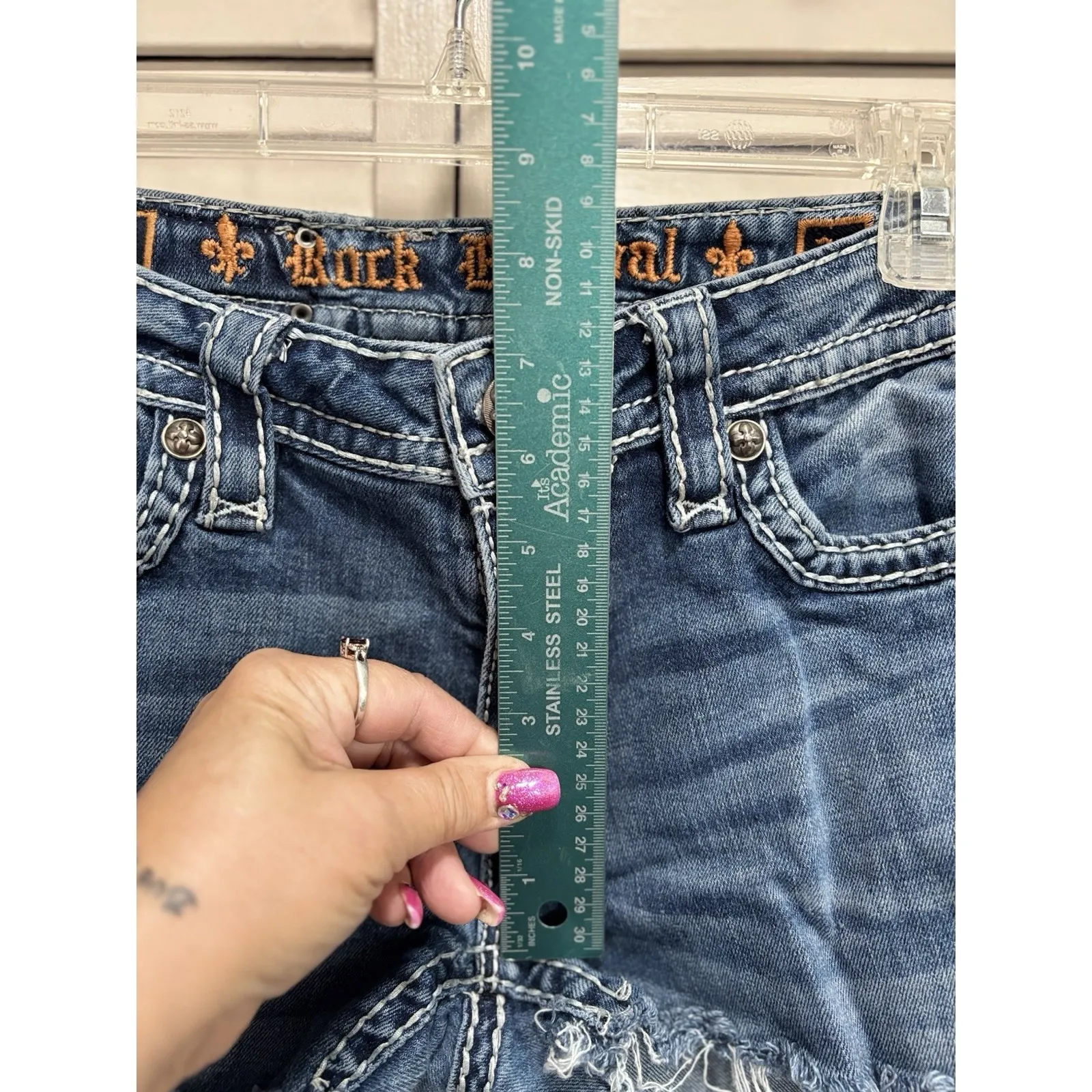 Rock Revival Cut Off Booty Denim Jean Short Size 28 Embroidered/Studs Low Rise - Image 3