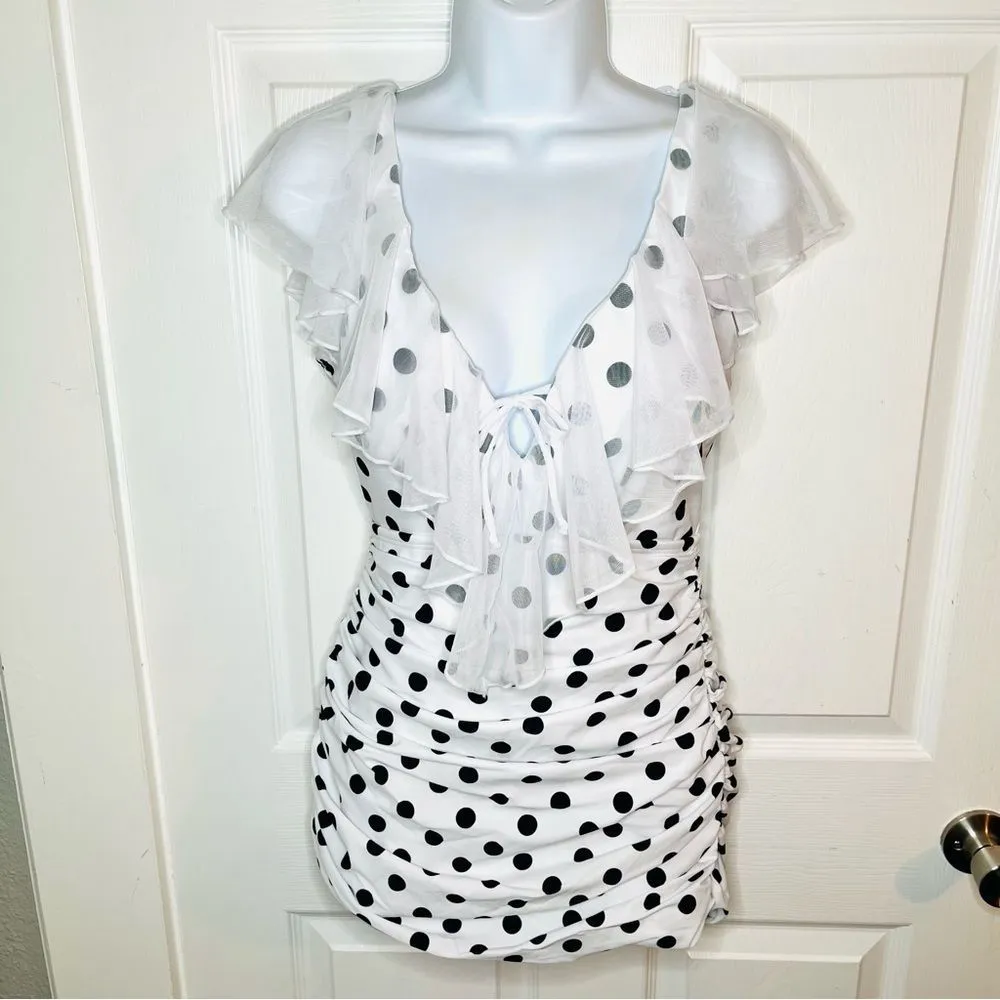 Unique Vintage Polka Dot Ruffle Sheath Swimsuit Mesh Ruffle Black White M NWT - Image 3