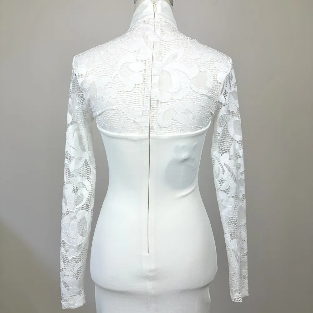 Nookie Lady Lace Midi Dress White Cocktail Wedding Bridal Fitted Classic S NWT - Image 8