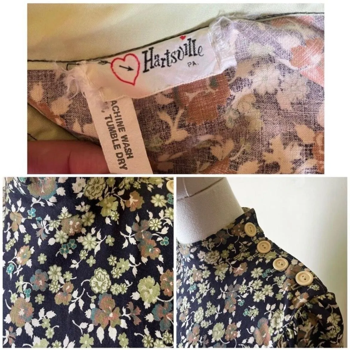 Vintage‎ Hartsville PA 70s Prairie Floral High Neck Dress Black Olive Sage S/M Green - Image 8