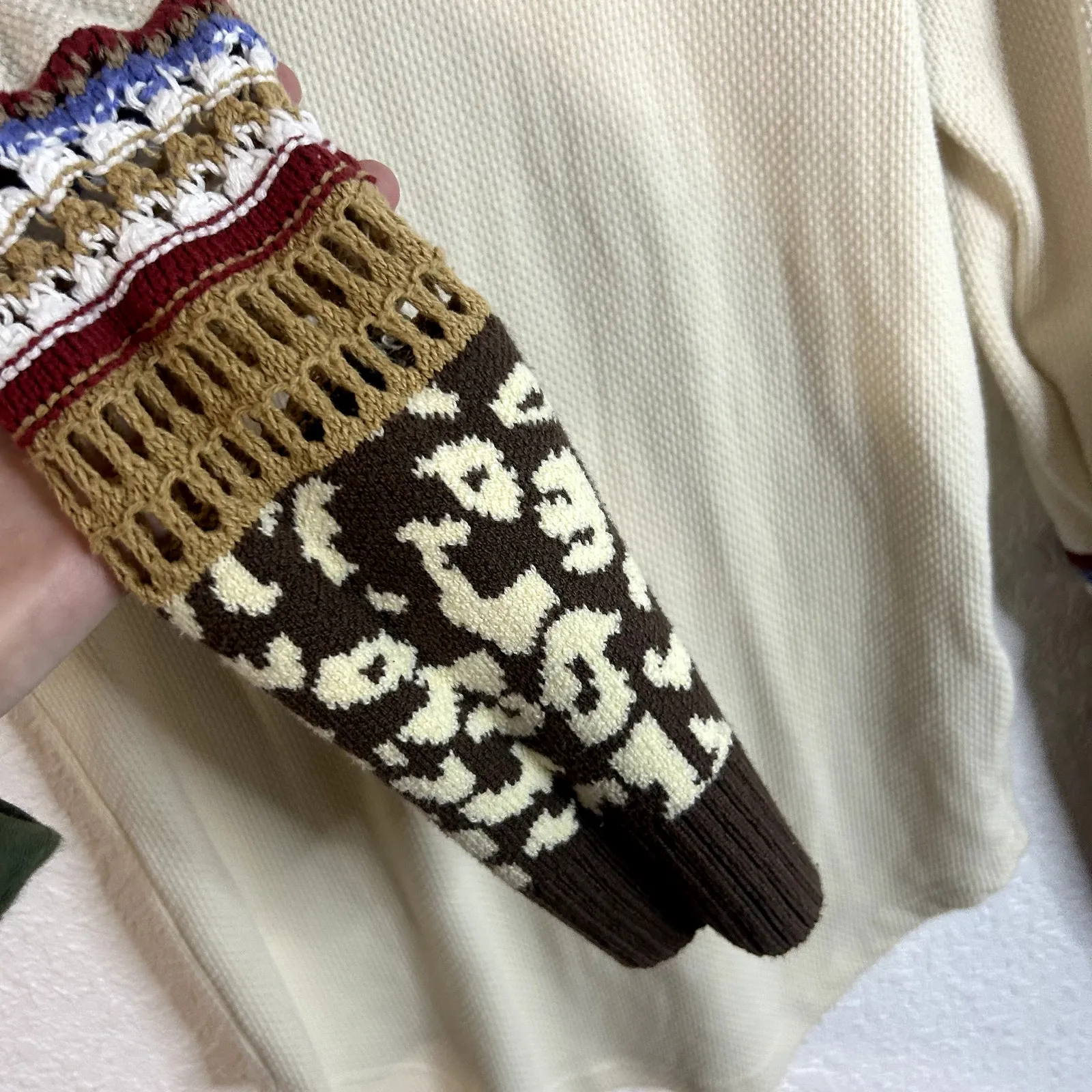 Free People Switch It Up Thermal Cuff Top Womens Size XL Cream Brown Cheetah - Image 4