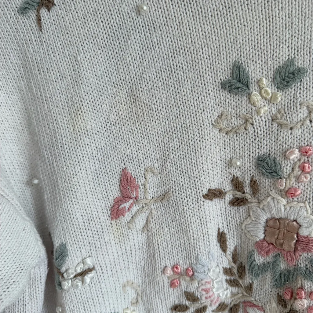 Vintage Colleens Collectables Cream Floral Embroidery Sweater Women L Grannycore Pink Size L - Image 3