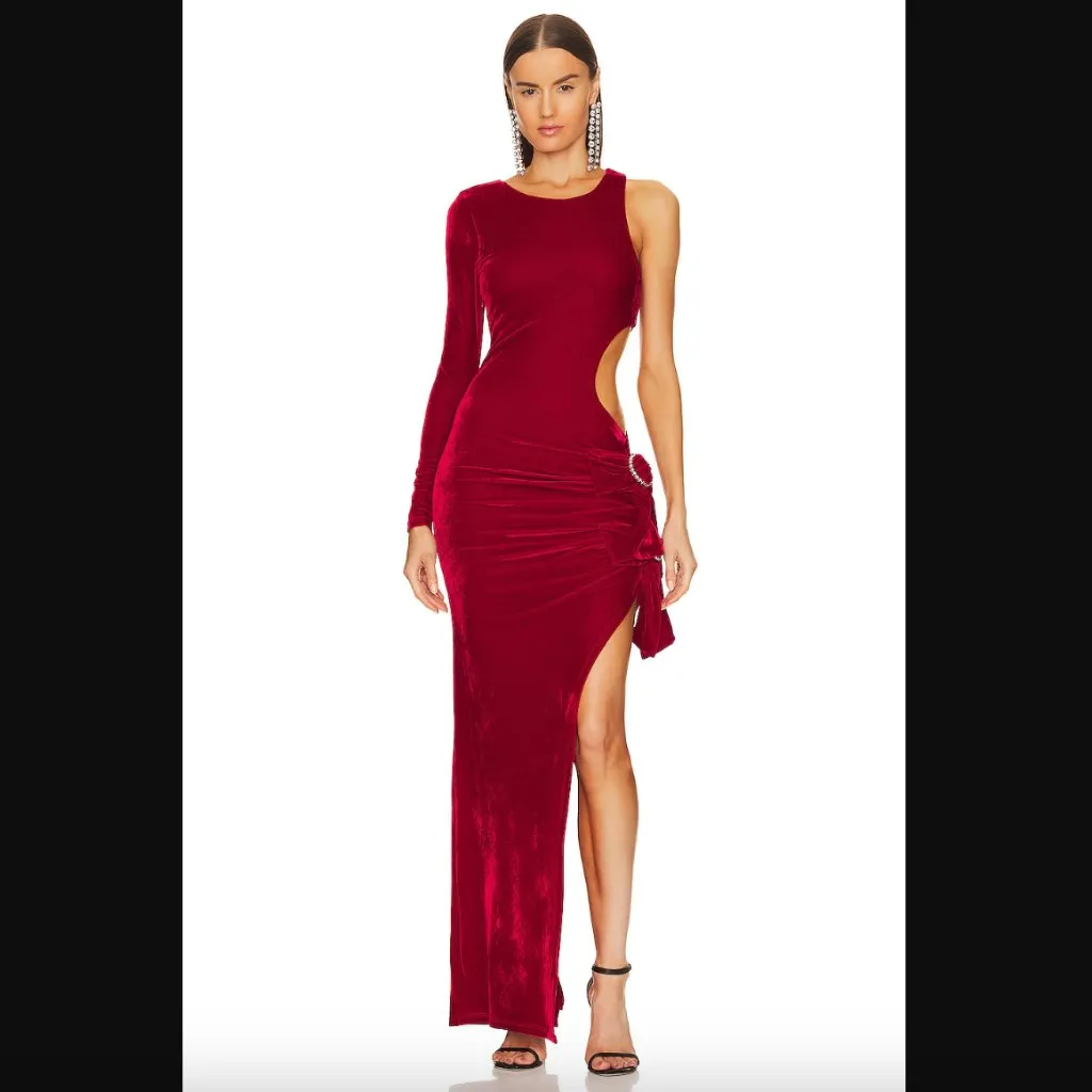 Lovers & Friends Edith Crimson Red Velvet Cut Out Long Sleeve Gown S - Image 2