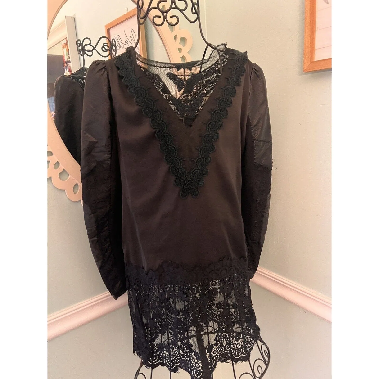 Witchy Goth Rock Punk Alternative Victorian Steampunk Black Lace Leather Top S - Image 5