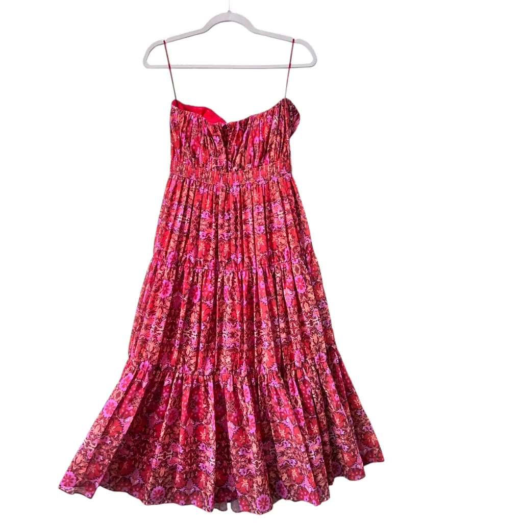 Amur Multicolor Floral Mariana‎ Strapless Cocktail Party Tiered Midi Dress sz 4 Red - Image 7