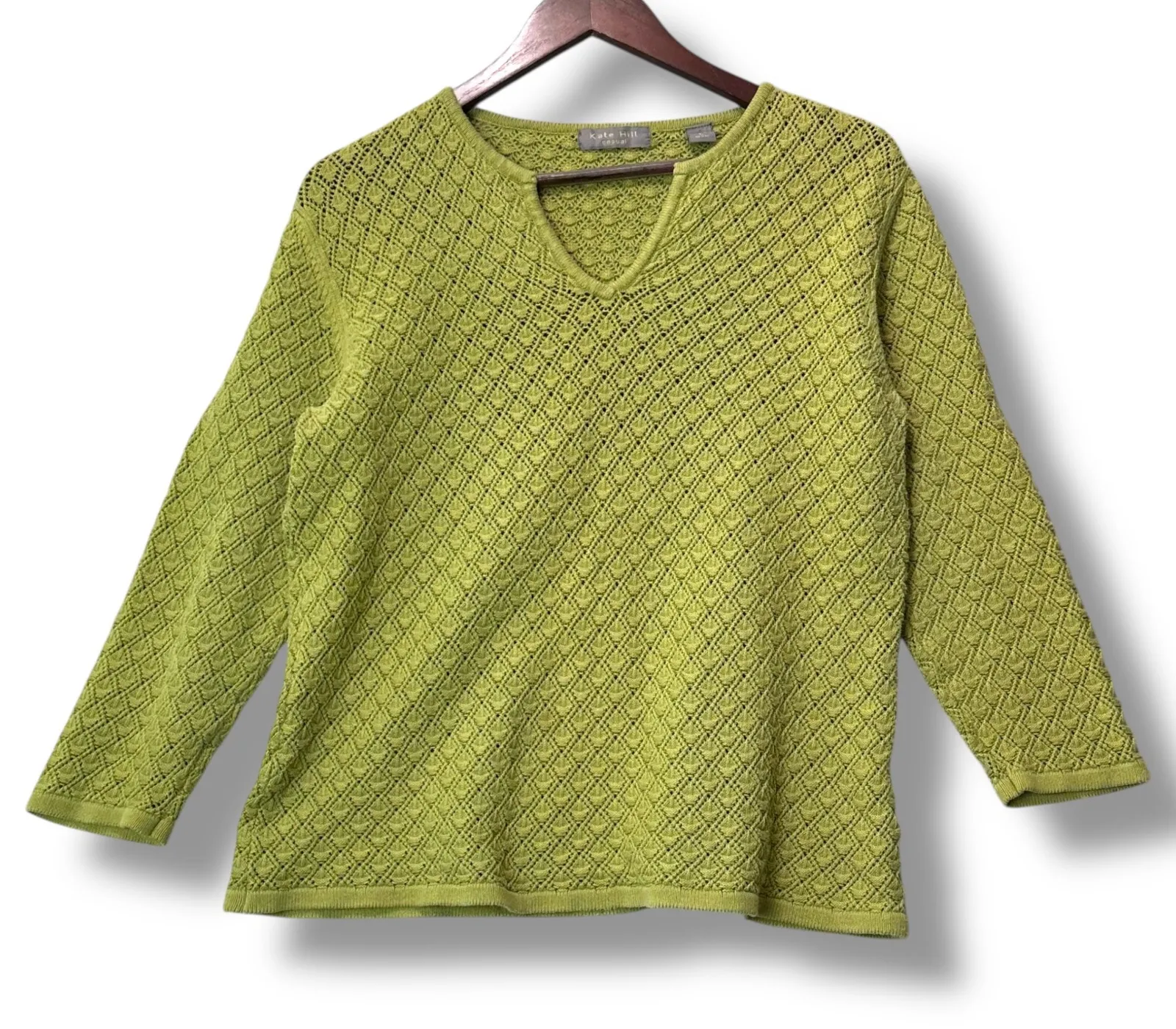 Kate Hill Casual Green Textured Knit Sweater L Boho Grannycore Retro V-Neck - Image 1