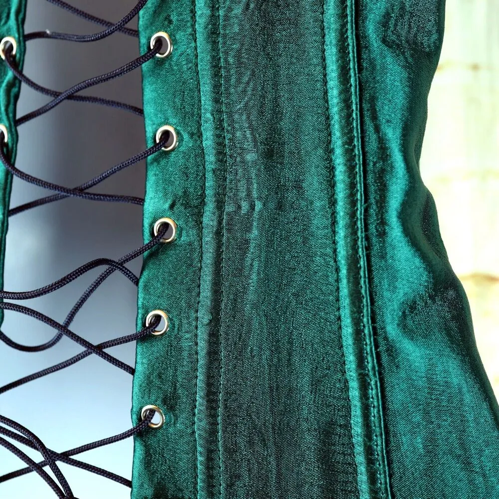 Overbust Corset Womens L Green Satin Black Trim Boned Halloween Cosplay Goth Size L - Image 12