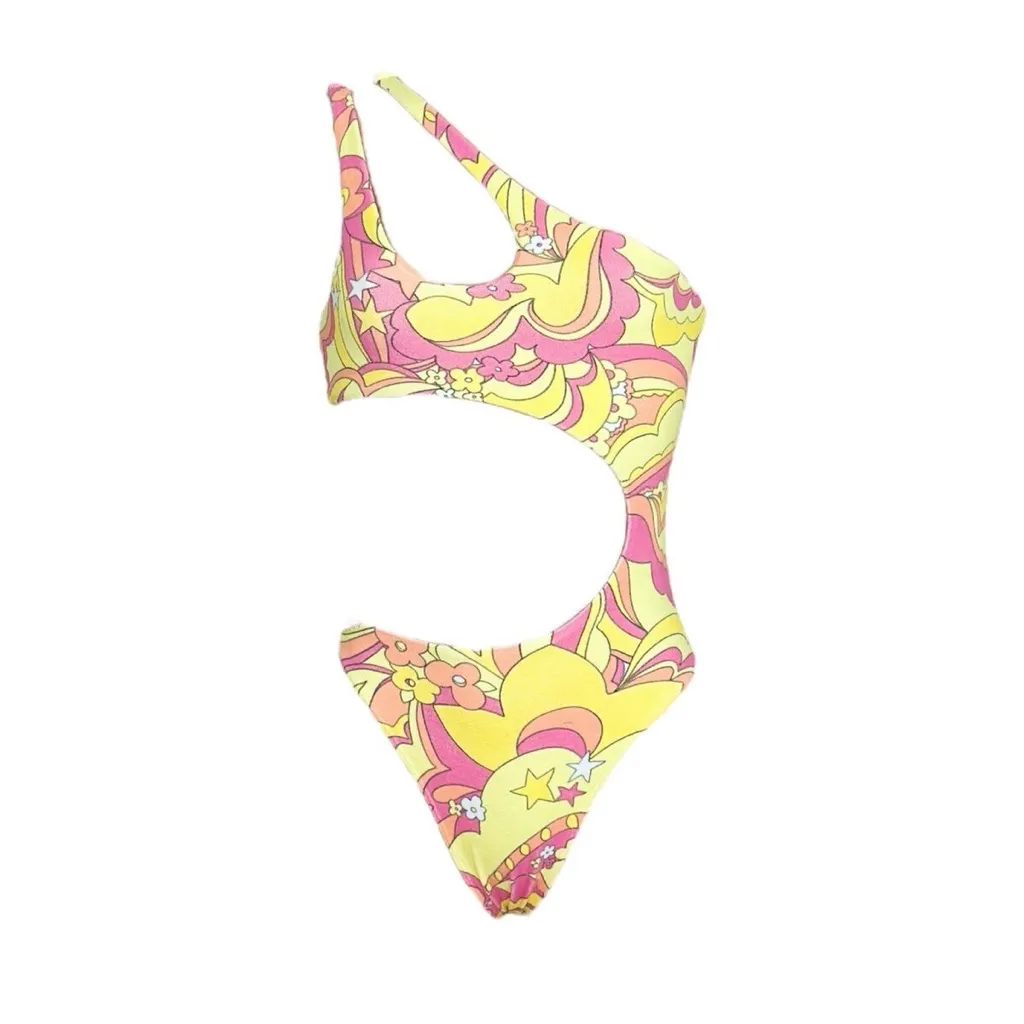 NEW FRANKIES BIKINIS Makie Terry One Piece Swim, Peace Terry, XS - Image 4