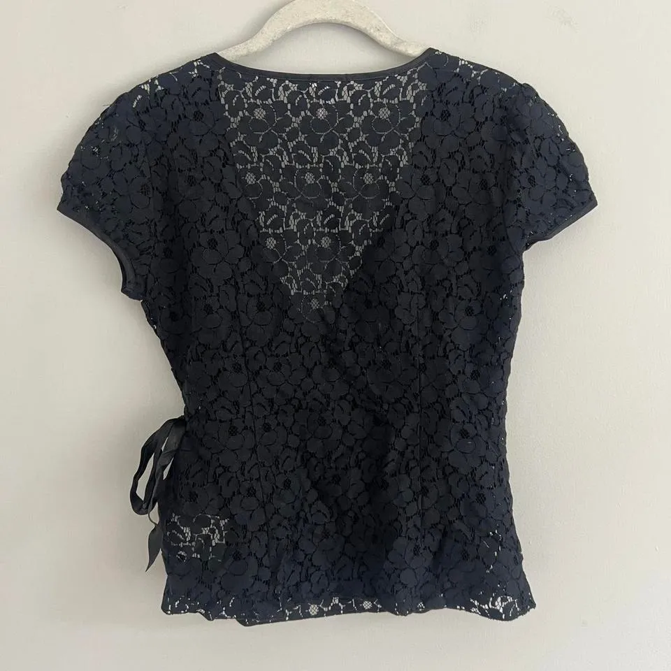 Y2K BLACK OLD NAVY SHEER LACE WRAP TIE CARDIGAN SHORT‎ SLEEVE TOP - Image 5