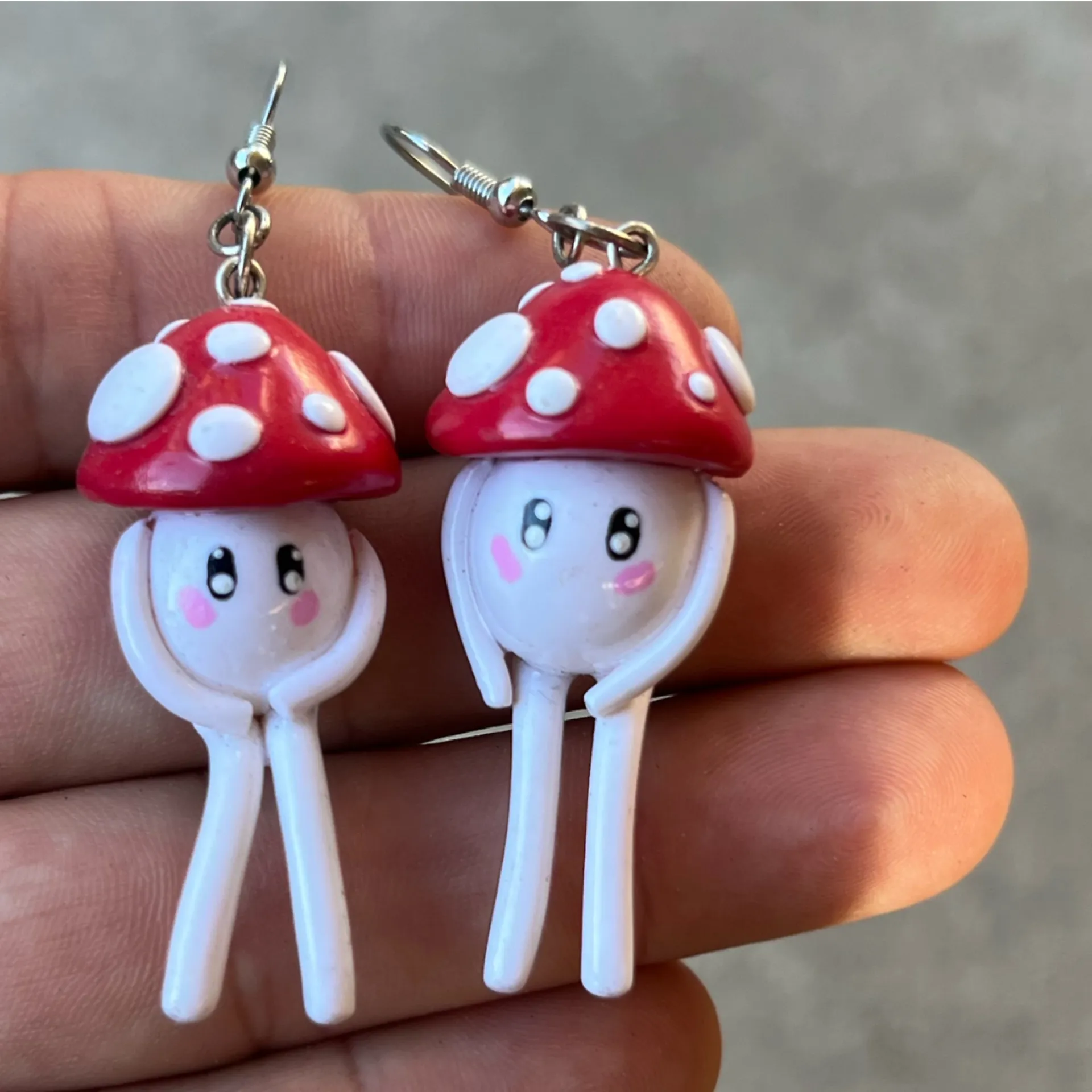 Vintage Whimsical Toadstool Mushroom Dangle Earrings Red White Quality Sz 2” - Image 7
