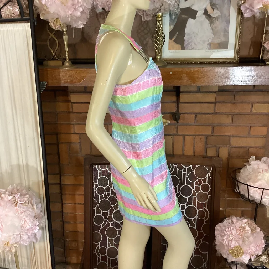 VINTAGE 1990'S CACHE MULTI-COLOR PASTEL W/RHINESTONE CUT OUTS SHEATH DRESS (2) - Image 3