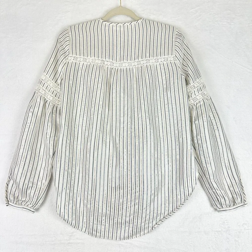 Roca Top Size 0 White Metallic Stripe Button Front V-Neck - Image 2