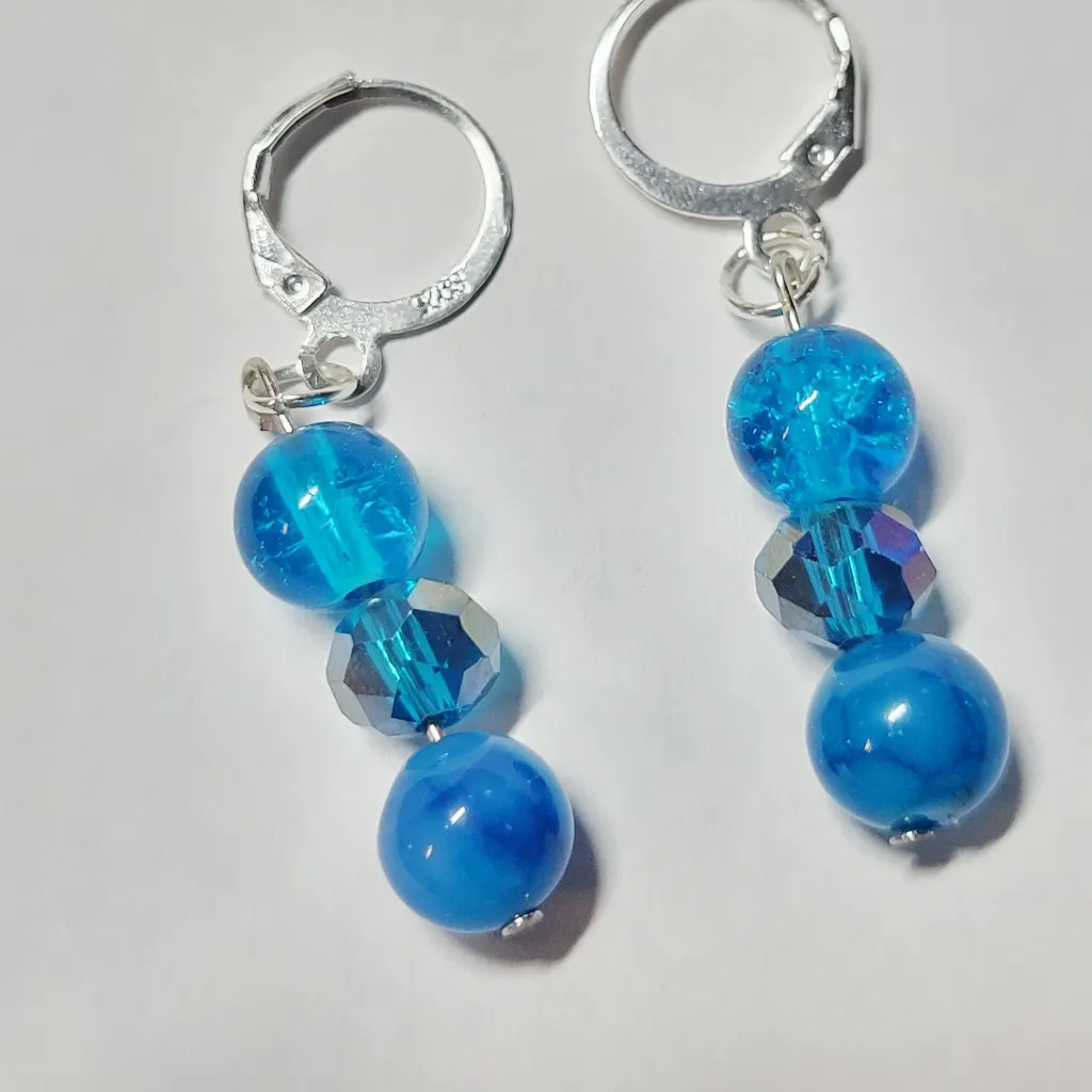 Natural Crystal Blue Vein Crackle Beaded Drop Earrings 925 SS Stamped - Image 4