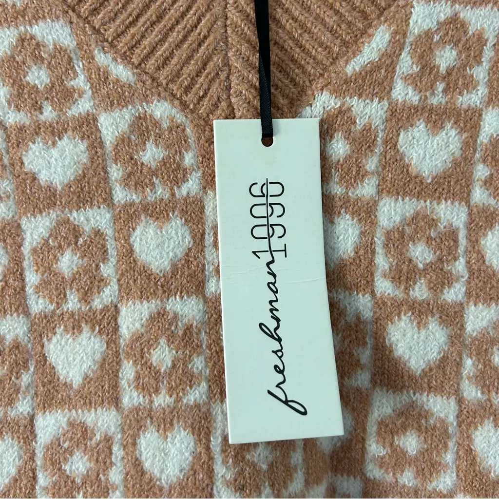 Freshman 1996 Brown Heart Flower Squared Oversized Vest NWT S Tan - Image 3