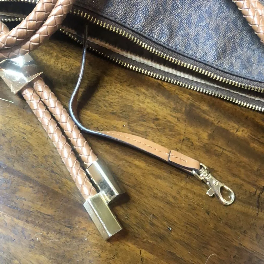 MICHAEL KORS Brown Logo Top Zipper Close Shoulder Bag w Braided Shoulder Strap - Image 11