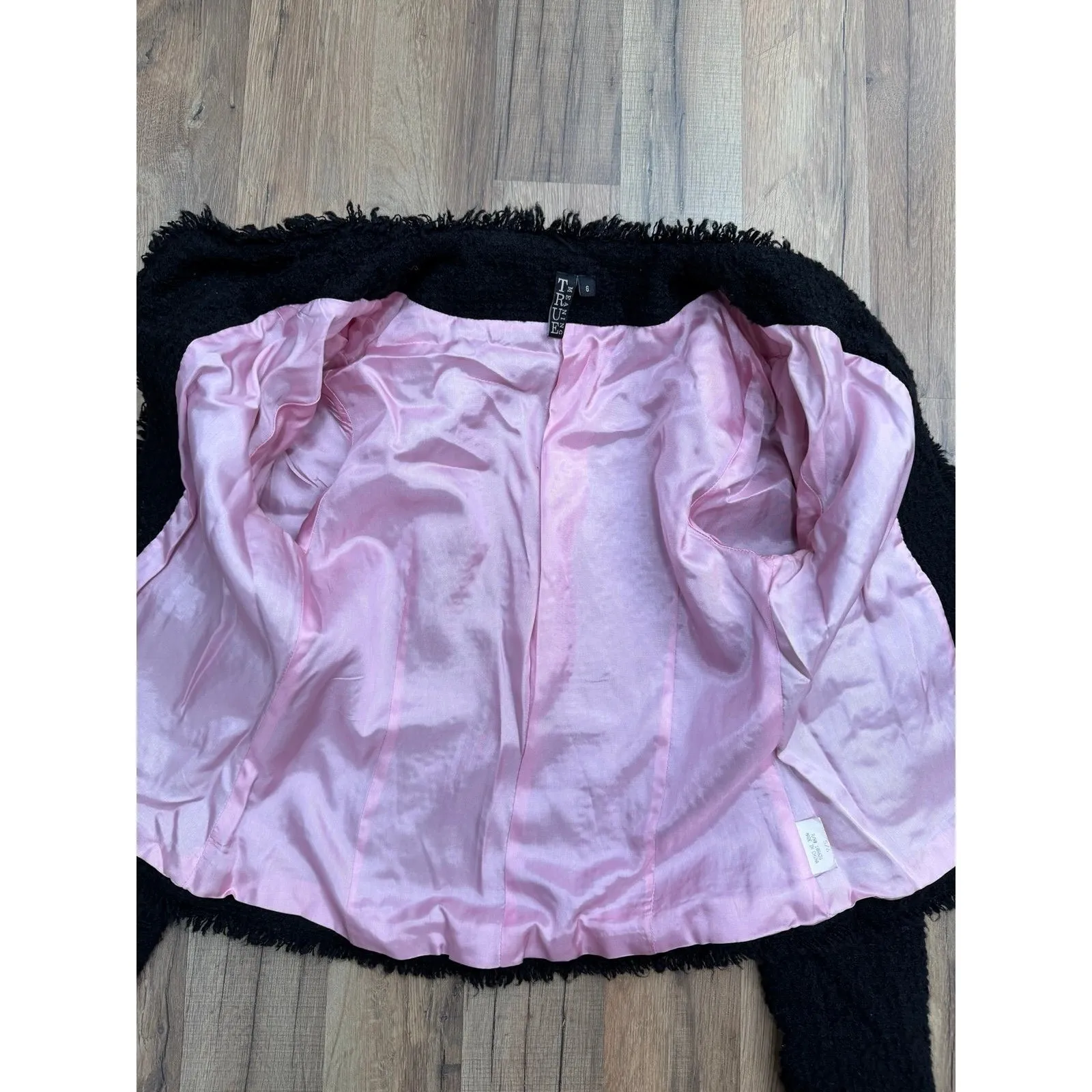 TRUE MEANING Black Tweed Jacket Women's Size 6 Wool Blend Open Front White Trim - Image 5