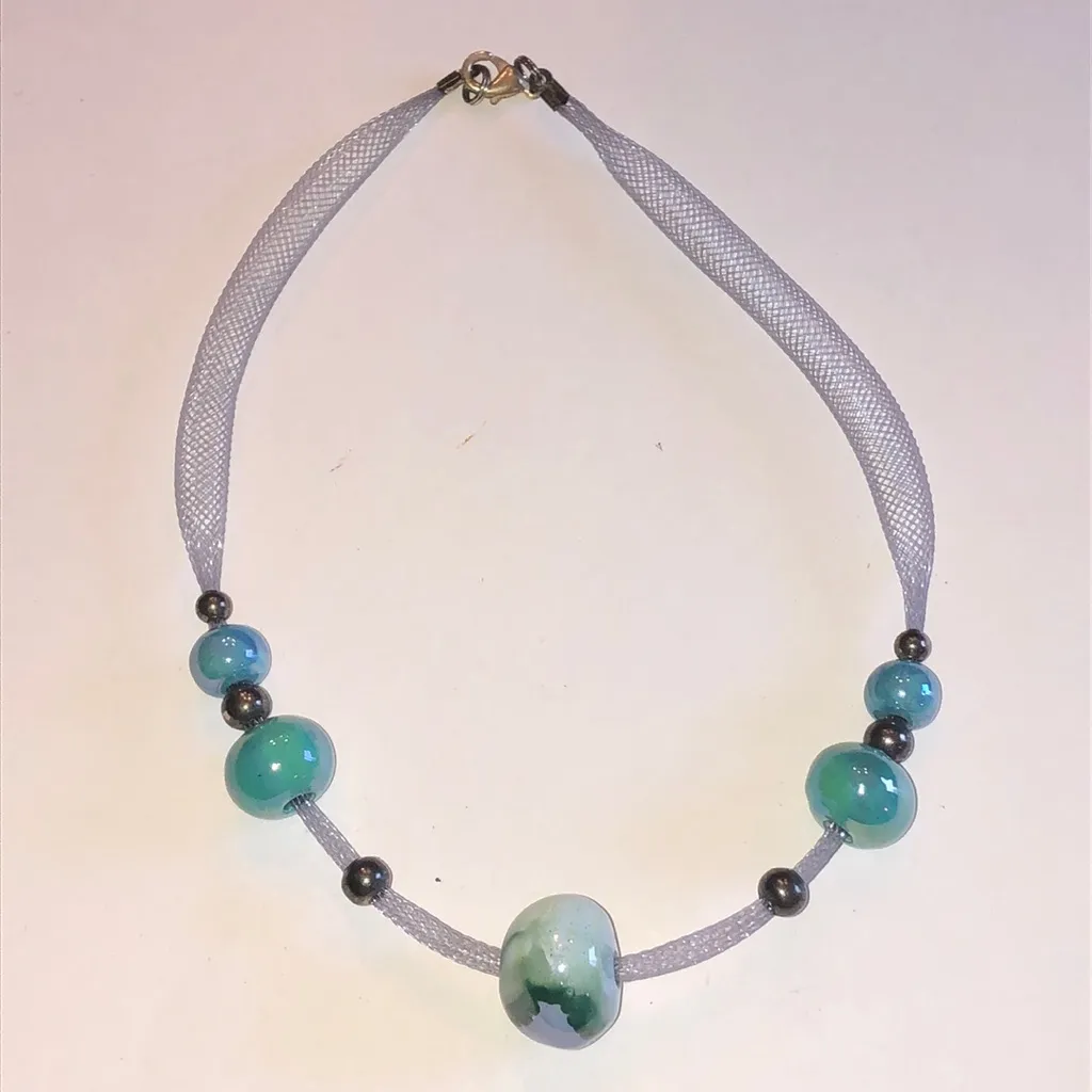 Elegant Teal Blue Beaded Wire Mesh Chain Boho Necklace - Image 2