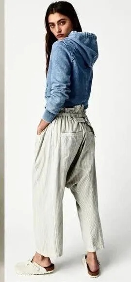 NEW Free People Runyon Oversized Stripe Pant Paperbag Tie Waist Small Blue Harem - Image 2