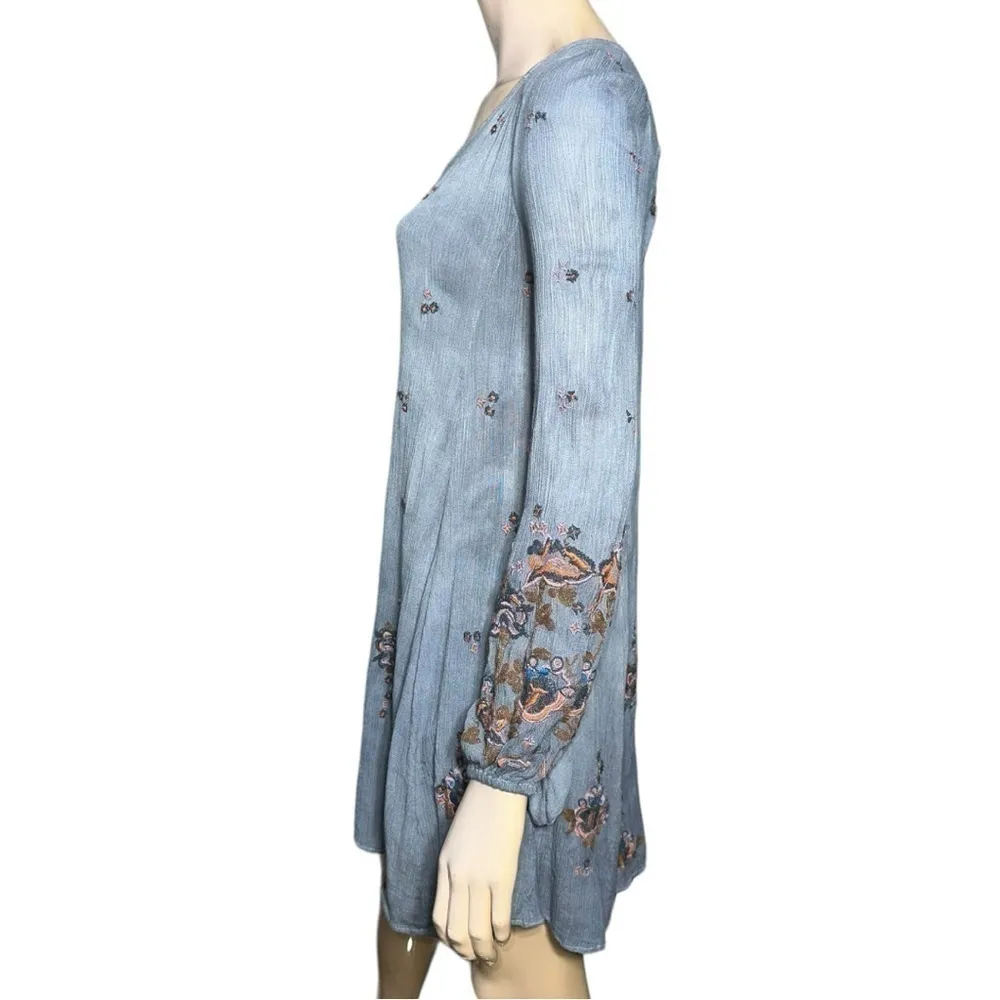 Free People Women’s XS Denim Blue Embroidered Open Back Long Sleeve Mini Dress - Image 4