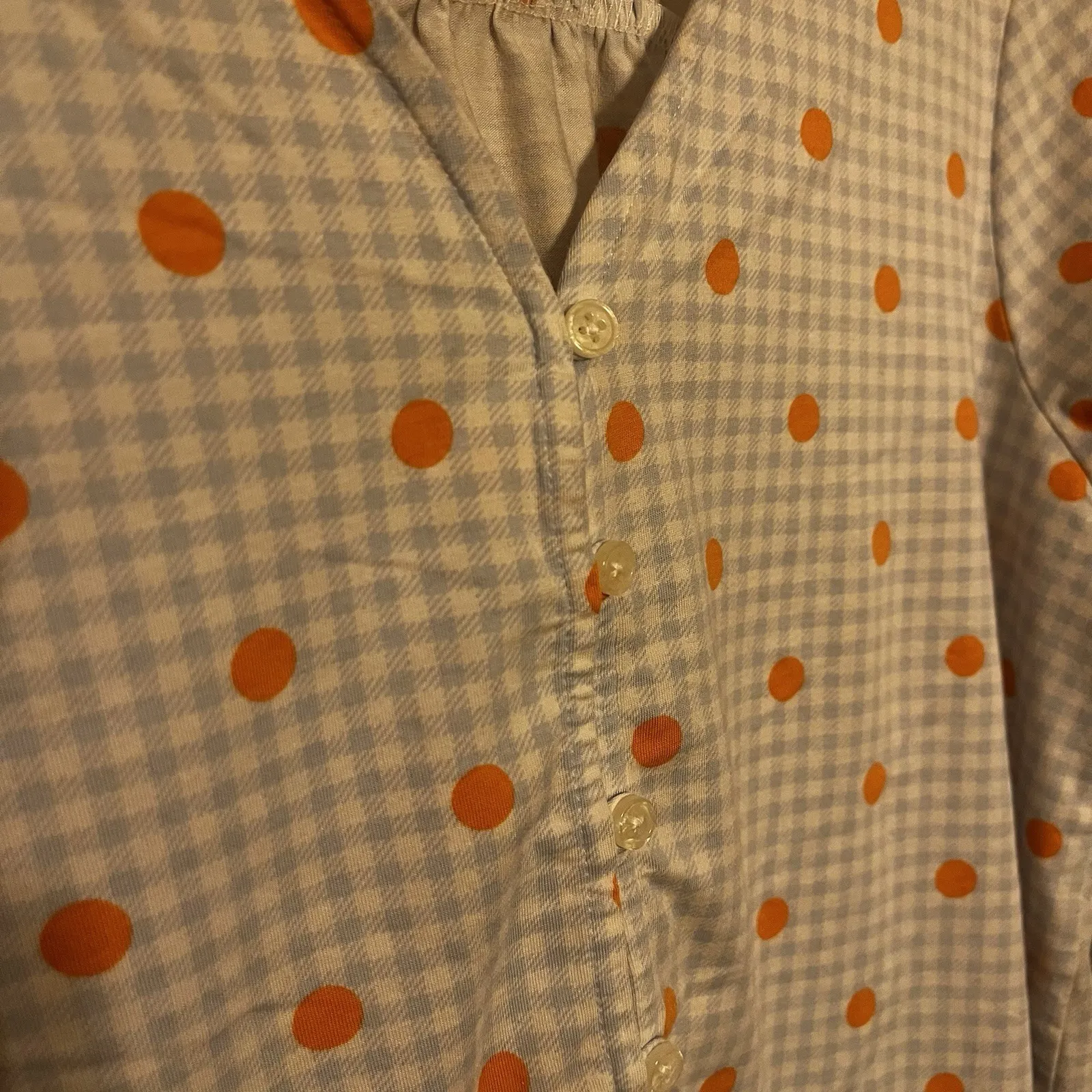 Lands End Medium (10-12)‎ Blue White Gingham Orange Polka Dot Button Front Top - Image 3