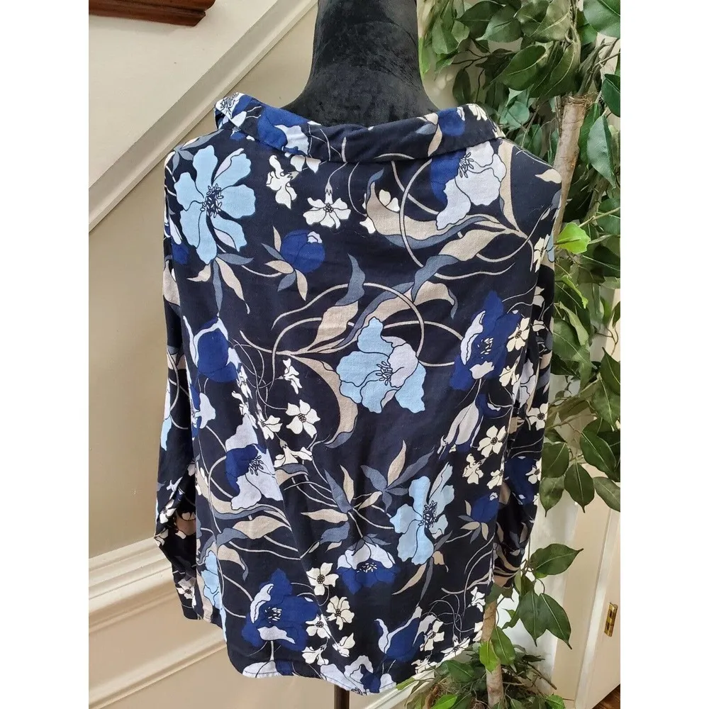 H&M Women's Blue Floral Cotton Collared Long Sleeve Buttons Down Casual Shirt 14 - Image 6