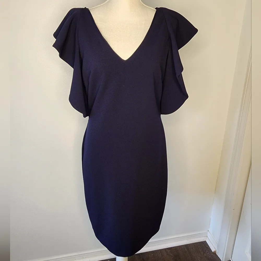 Badgley Mischka Cascade Scuba Ruffle Sleeve Sheath Dress Navy size 8 NWOT - Image 5