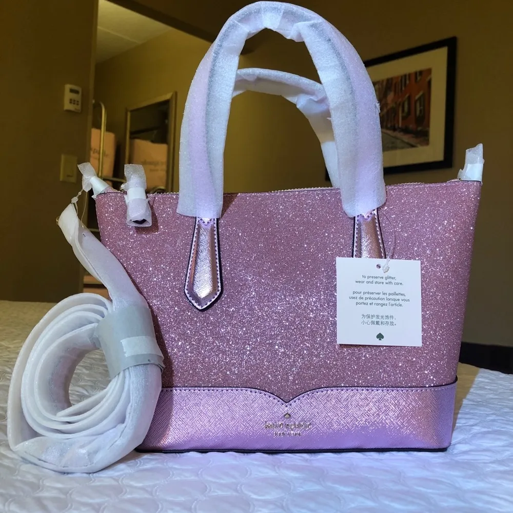 Kate Spade New York Pink Glitter Satchel with Crossbody Strap Leather Handles NW - Image 2