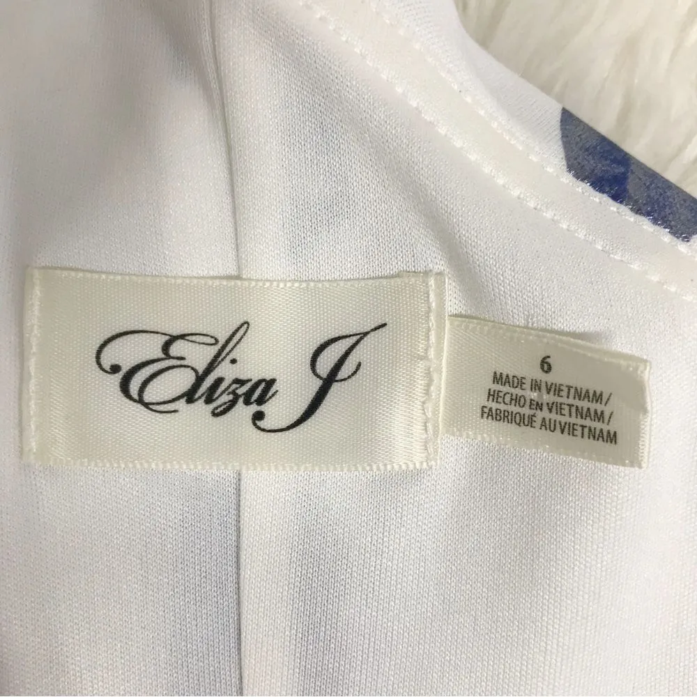 ELIZA J Blue Floral Print One Shoulder Sheath Dress Metallic Ruffle Size 6 New‎ - Image 6