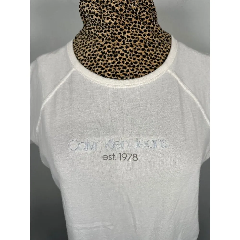 Vintage Calvin Klein Jeans Large Womens Top T-shirt Embroidered Logo White 90s - Image 2