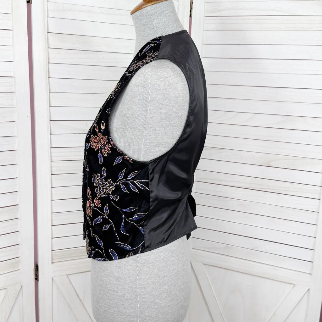 Vintage DressBarn Metallic Floral Velvet Vest Waistcoat Black Small - Image 2