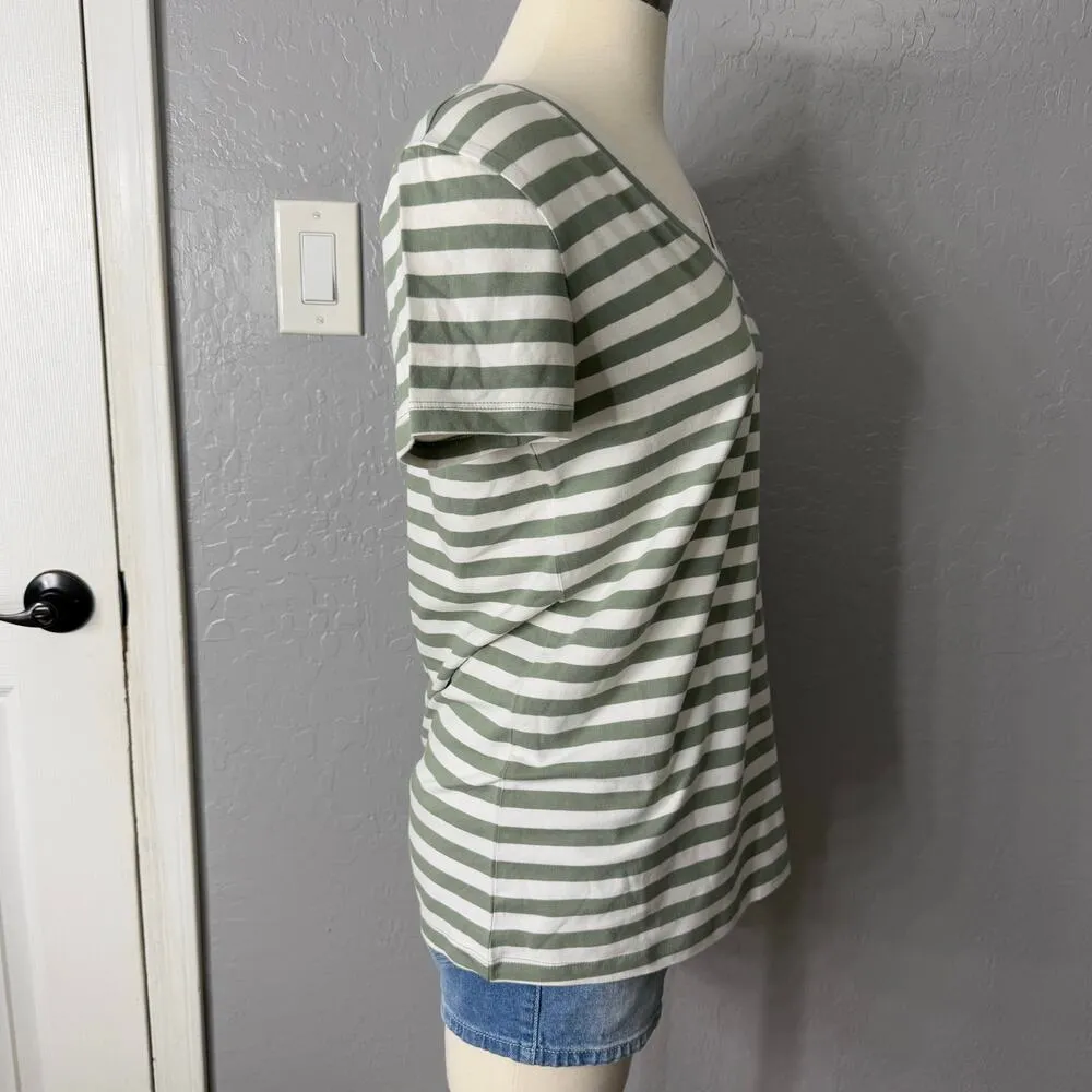 Caslon Striped V-Neck T-Shirt | Sage Green & White | NWT | Size S - Image 3