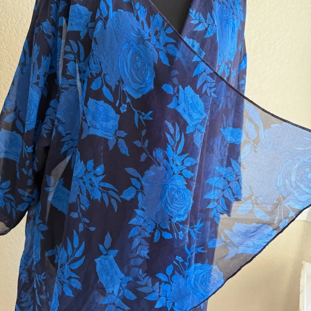 Boho Kimono Cover Up Beach Cardigan Duster Flowy Long Navy Blue Floral Polka Dot - Image 5