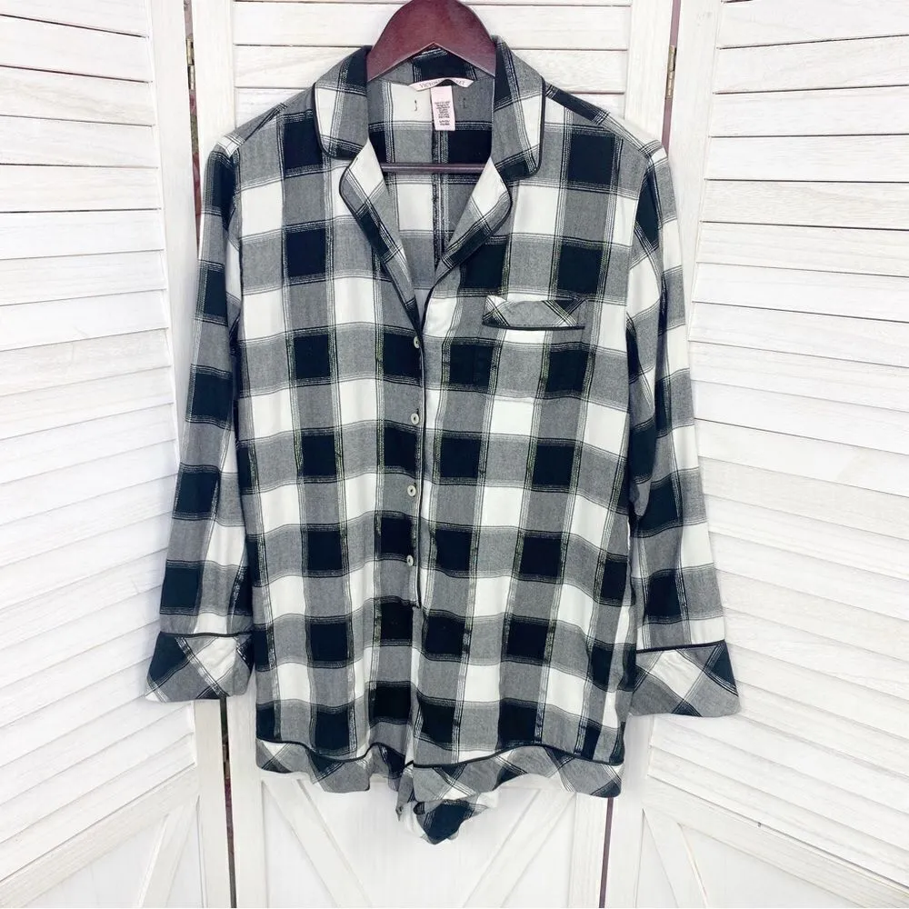 Victoria’s Secret Plaid‎ Flannel Shorts Sleep Romper Black White Small - Image 7
