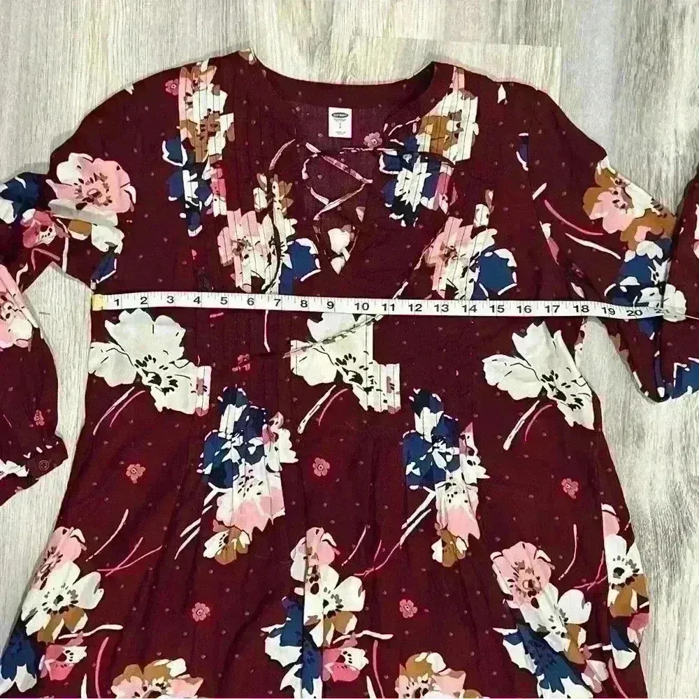Old Navy Women’s Mini Dress Burgundy Floral 3/4 Sleeve V-Neck Lace Up Size S - Image 8