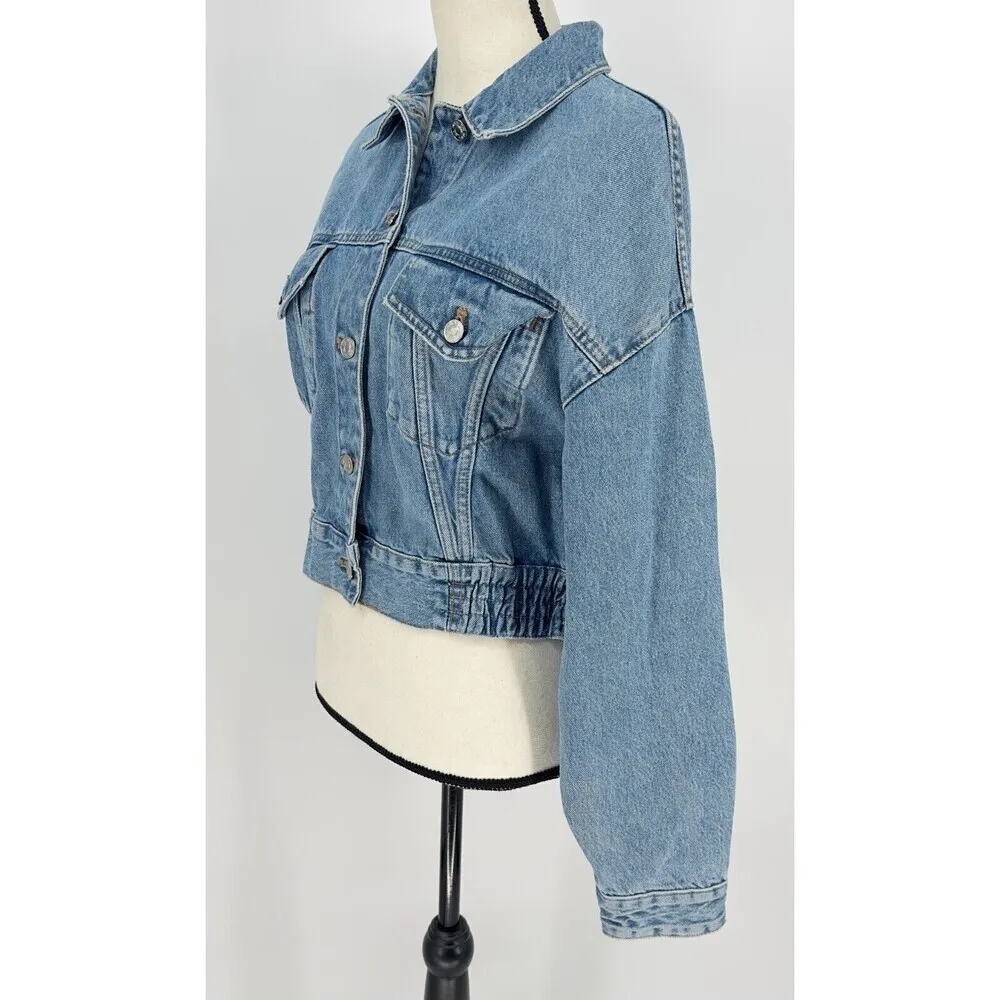 Zara Women's Short Denim Jacket Size Small Long‎ Sleeve Raw Edges 100% Cotton - Image 5