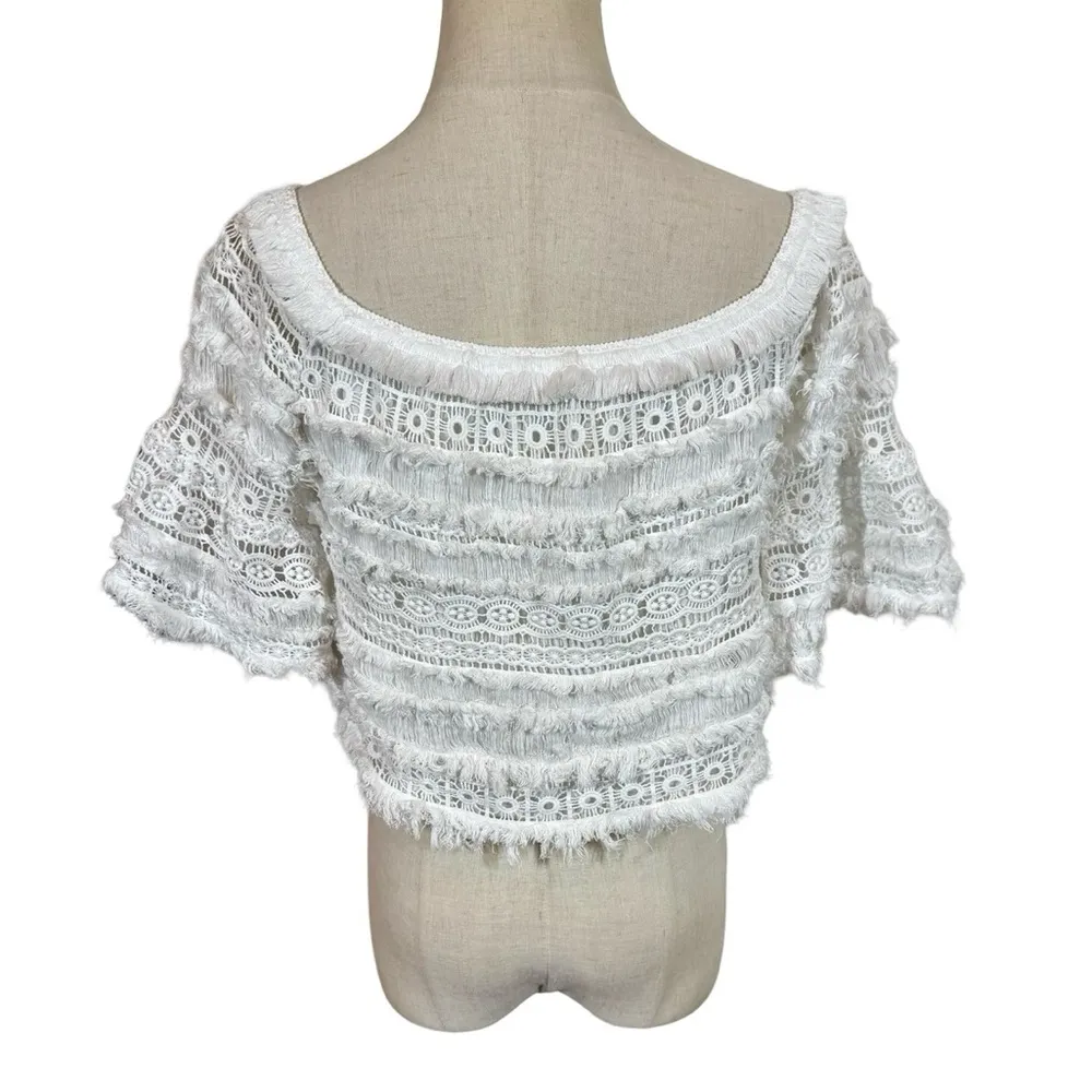 ALEXIS Valetin Crochet Fringe Off The Shoulder Crop Top in White - Image 8