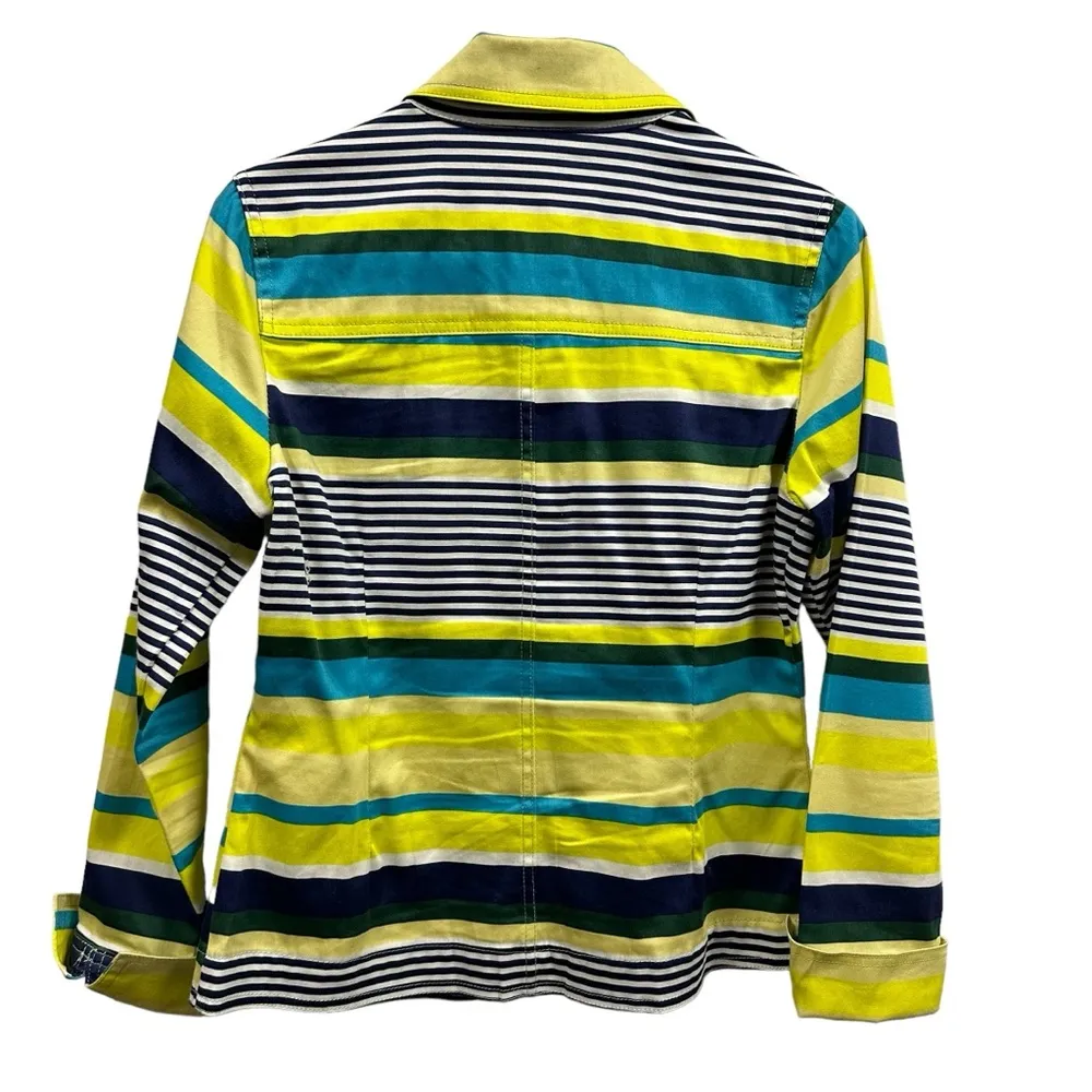 Live A Little Button Up Neon Navy Green Aqua Striped Pocket Jacket Womens Small - Image 10