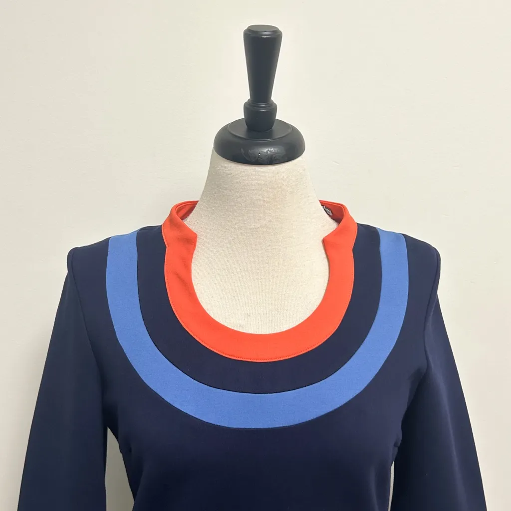 CK Bradley Navy Blue Orange U Neck Color Block Ponte Ruffle 3/4 Sleeve Slim Fit Size M - Image 2