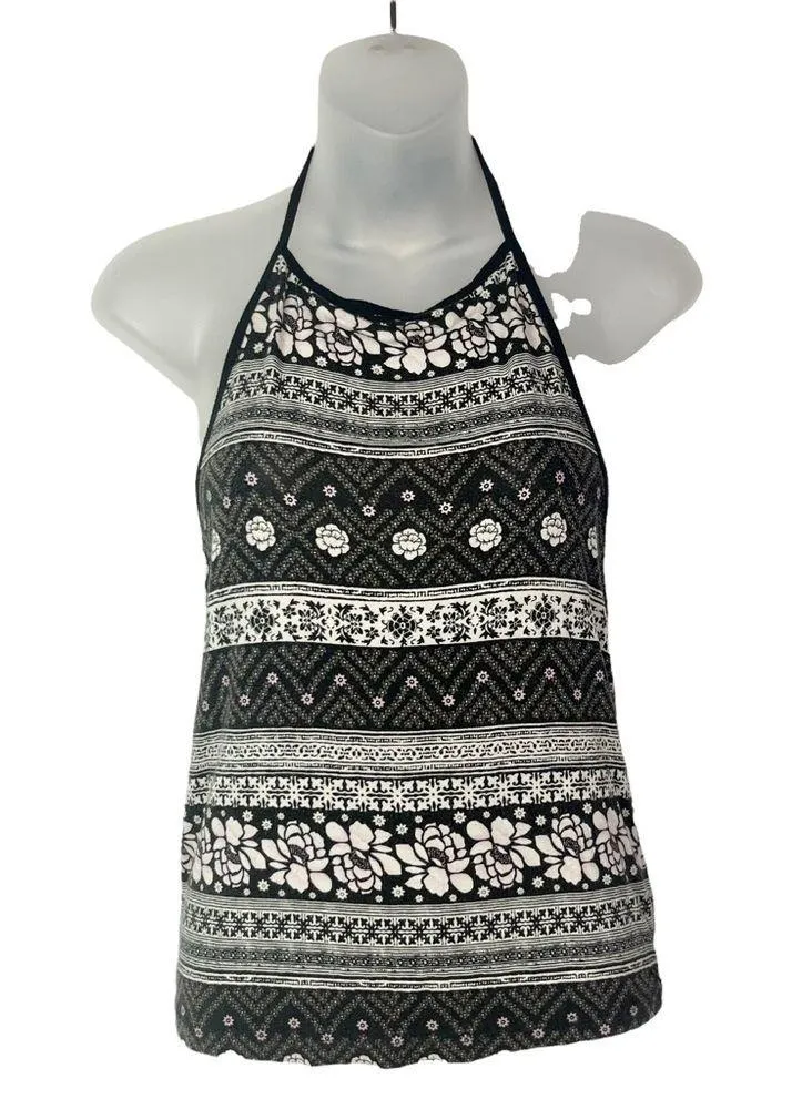 American Eagle AEO Black & White Floral Printed Halter Tank Top L - Image 2