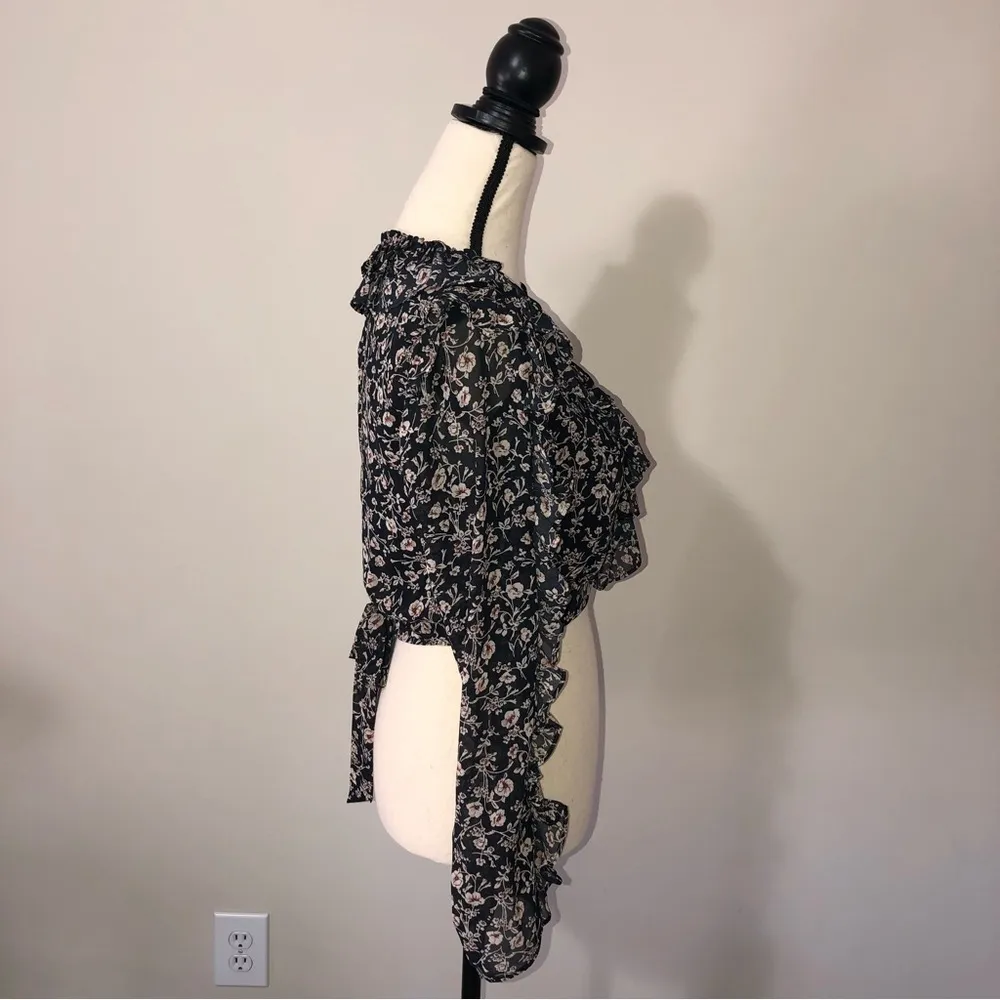 Pookie & Sebastian Black Floral Cropped Top Long Sleeve Zip Back Size Small - Image 3