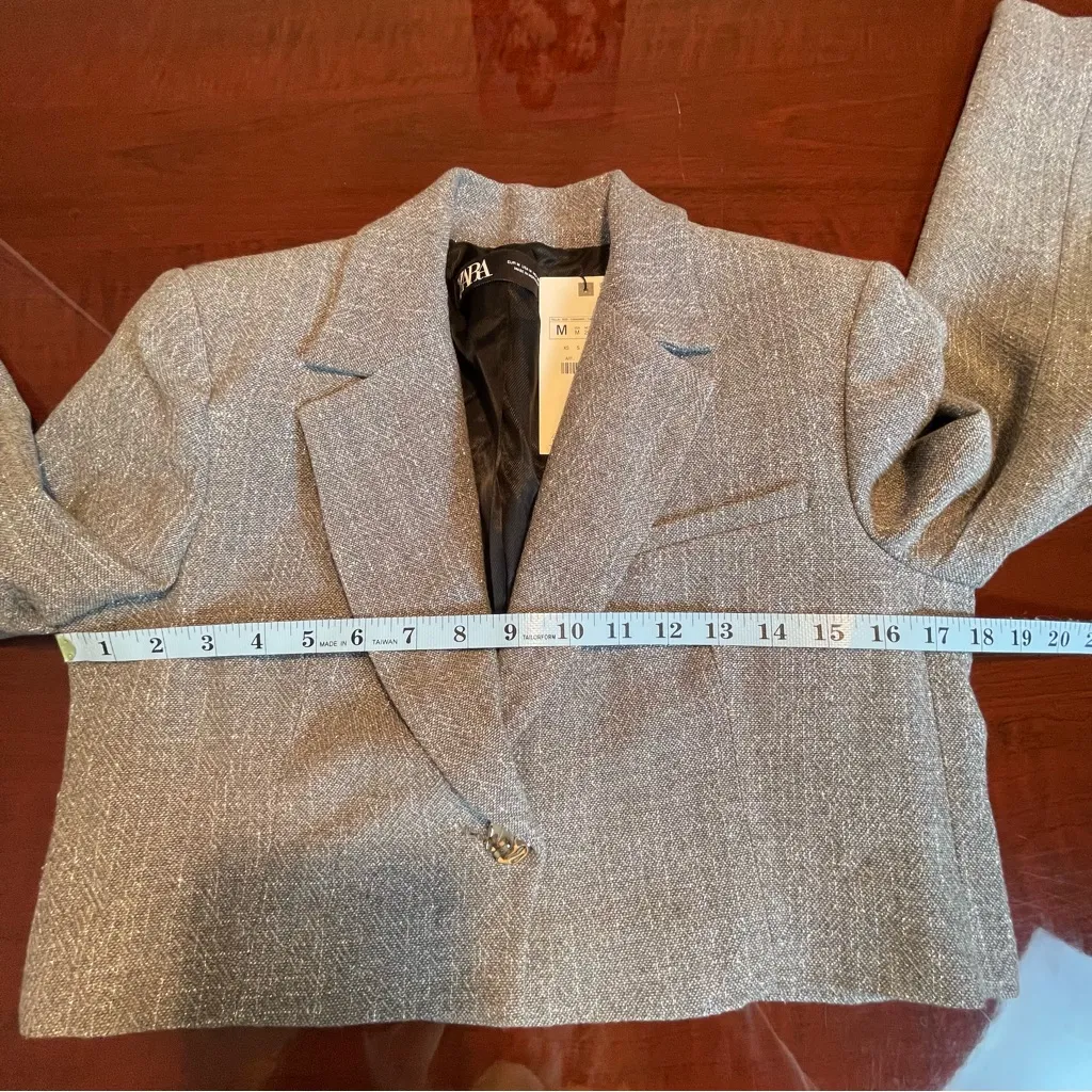 ZARA CROP BLAZER WITH METALLIC THREAD LUREX Grey Sz Medium M - Image 9