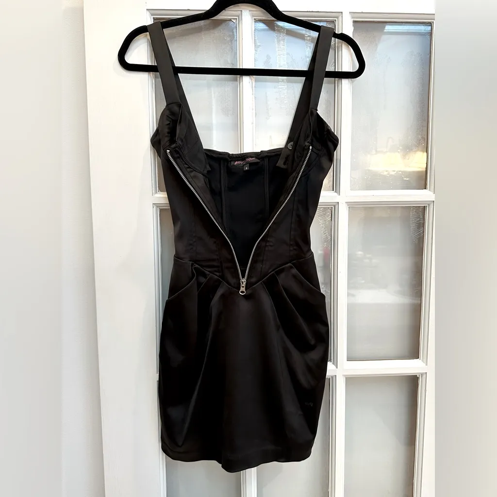 Vintage Y2K Betsey Johnson Black Satin Corset Front Zip Mini Dress Size 2 XS - Image 5