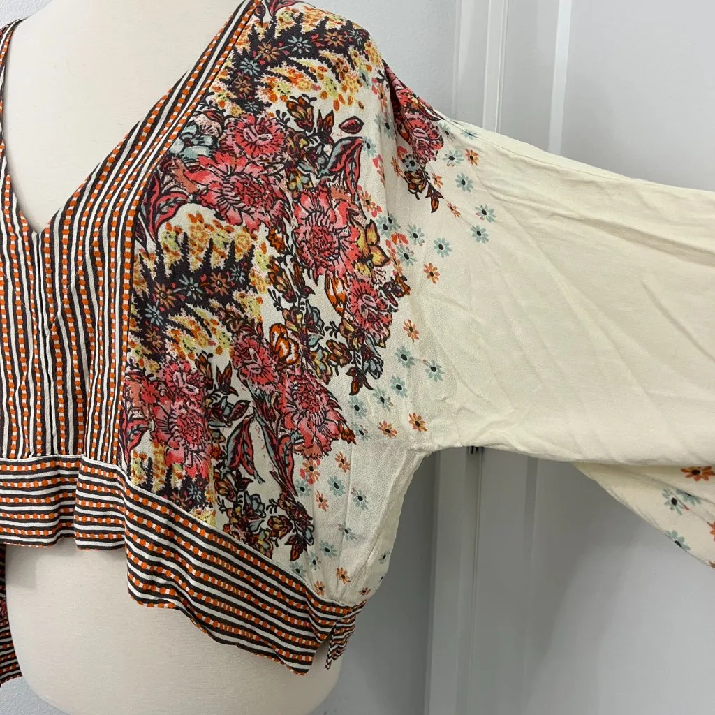 Free People Small Cream Floral Stripe Boho Cropped Long Sleeve Blouse - Image 9