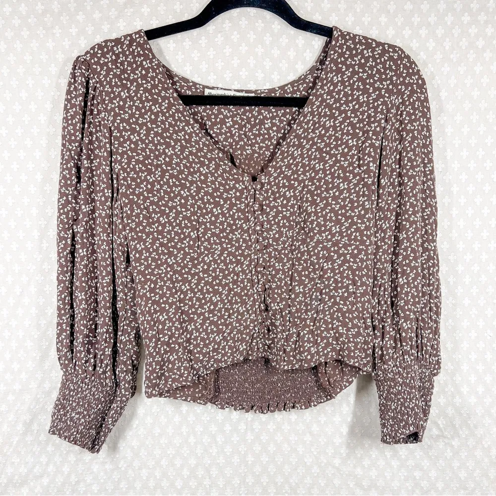 Abercrombie &‎ Fitch Brown White Floral Button Up Puff Sleeve Cropped Top - Image 2