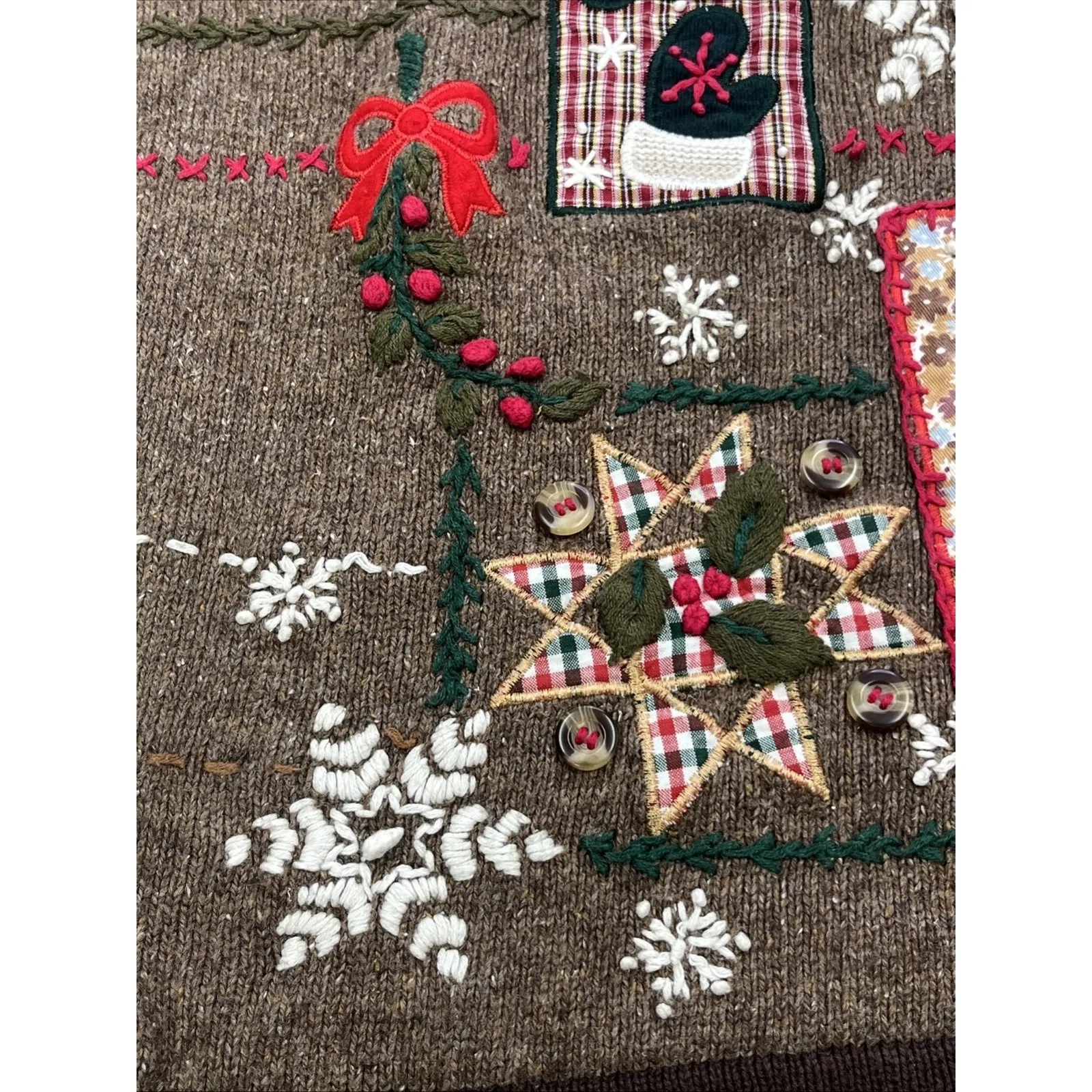 VTG B.P. Design Patchwork Embroidered Christmas Sweater Women's Sz Medium Brown - Image 8